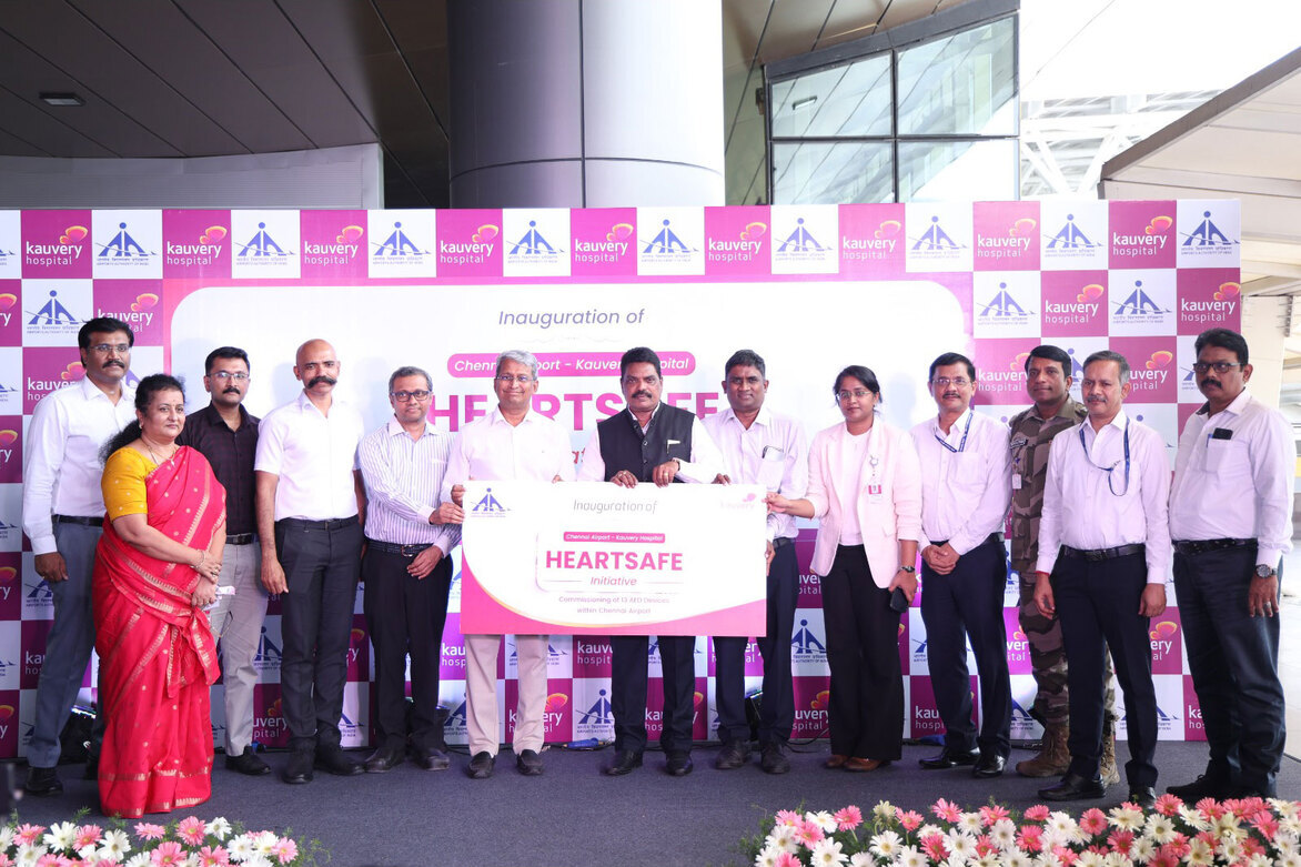 Kauvery Hospital and Chennai Airport inaugurated the HeartSafe Initiative by commissioning 13 AEDs (Automated External Defibrillators) at the airport