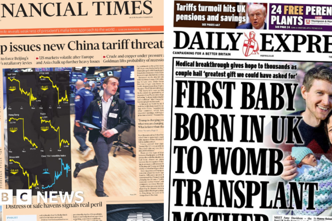 Newspaper headlines- 'New China tariff threat' and 'gift of life'