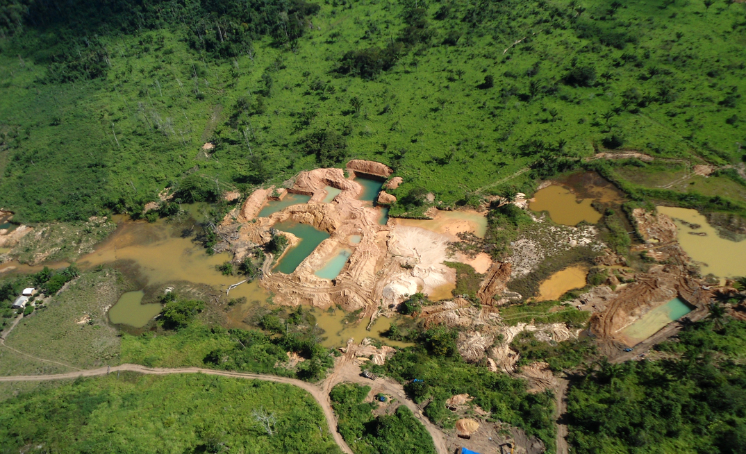Aerial view of gold mining area in Amazon forest region, Para state, Brazil.