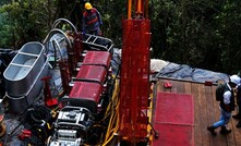  A KD-1000 modular drill setup on first drill pad, a wood platform on earthen floor, at Libero’s Colombian Mocoa porphyry copper-molybdenum project