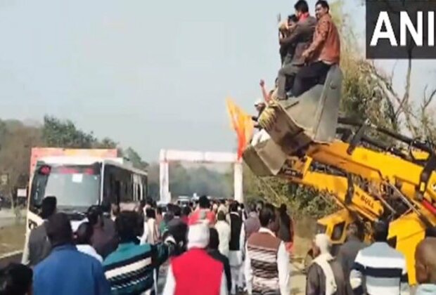 UP: Bulldozers line up to shower petals on buses carrying MLAs visiting Ayodhya's Ram Mandir