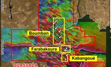  Location of five prospects (yellow rectangles) where the planned 10,500m RC drilling program will be undertaken. 800m of drilling will also be performed at Samagouela (Kourou permit), 30km south of the Sodala prospect