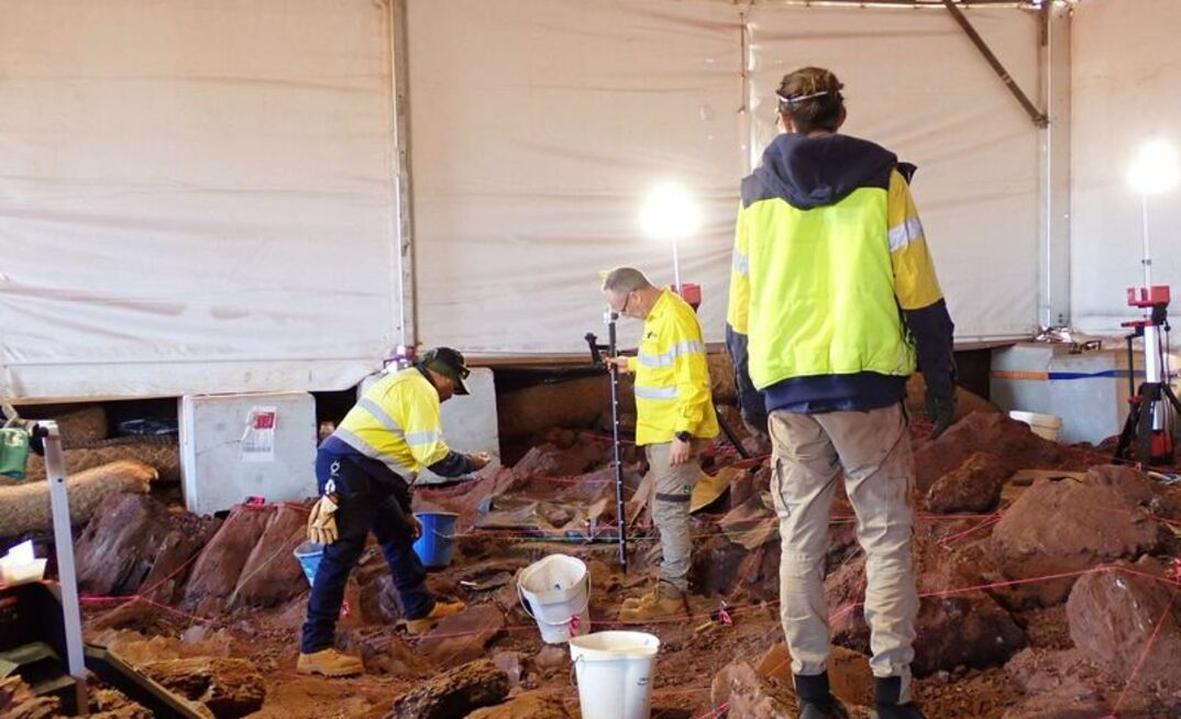 PKKP lead excavation specialist Terry Hayes (left), Scarp Archaeology's Michael Slack and Liam Neill excavating the Juukan Gorge site.