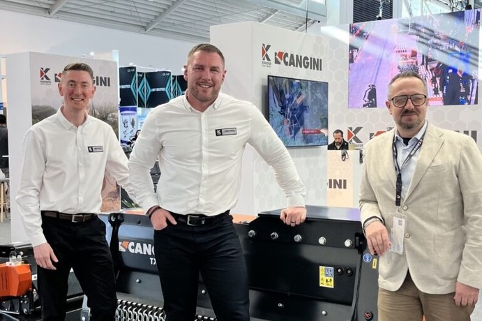 (l-r) Ryan Ginty, managing director at Auger Torque Europe, Bryn Bailey, sales and marketing director at Auger Torque Europe and Davide Cangini, CEO of Cangini Benne at Bauma 2025