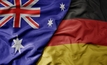 big waving realistic national colorful flag of australia and national flag of germany. Credit: Esfera.