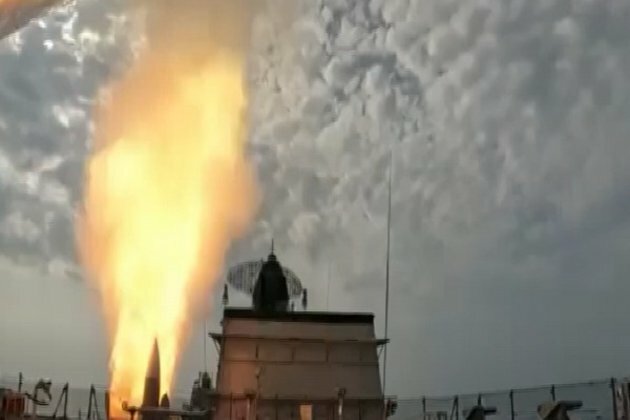 Indian Navy warship INS Mormugao engages sea-skimming supersonic target