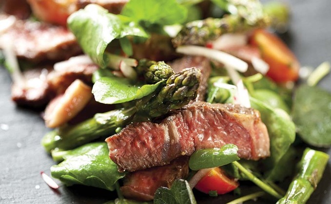 British beef and asparagus salad with radishes and cherry tomatoes