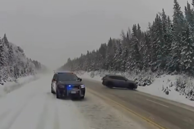 Dash cam video of Canadian officer nearly struck on snowy Highway 17