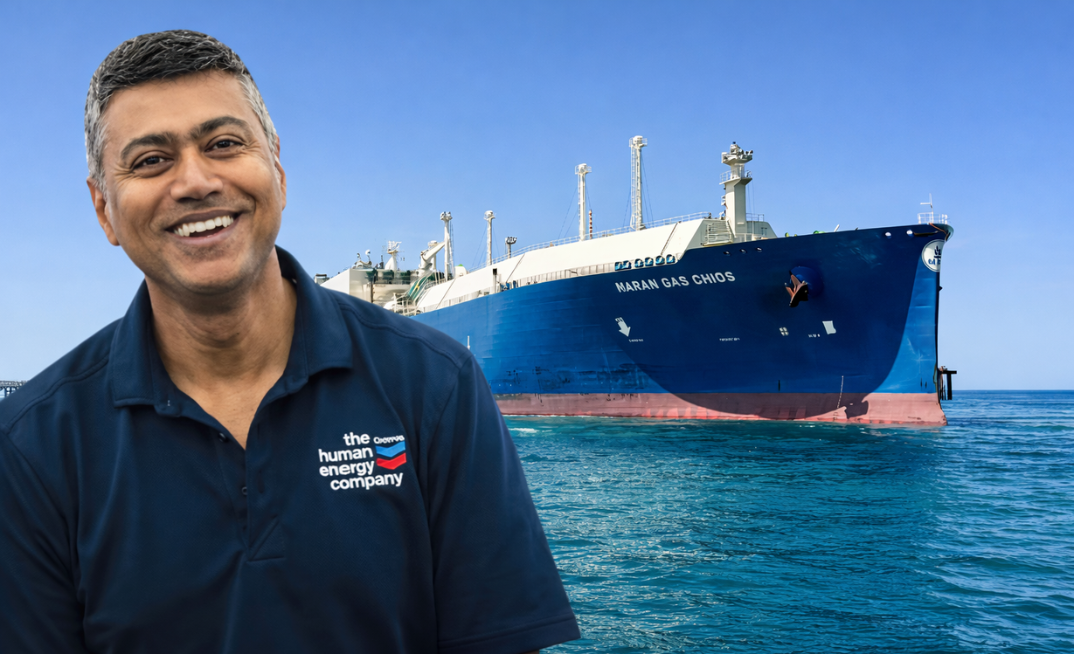 Focus shifts to backfill as Chevron Australia marks its 2000th Gorgon LNG cargo. Pictured Chevron Australia CEO Balaji Krishnamurthy and the Maran Gas Chios.