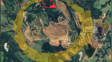 Aerial Earth image of the Barreiro carbonatite complex showing the Araxa Project (red outline) as well as the adjacent CBMM niobium mine and the Mosaic phosphate mine