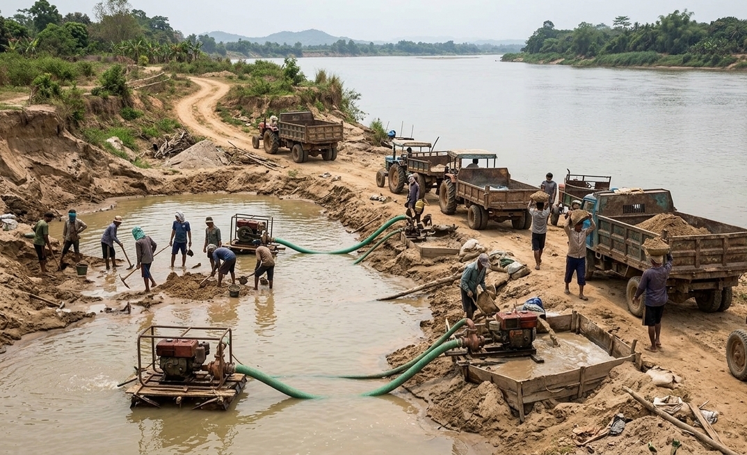 Mineração ilegal de areia em rio (imagem gerada por IA)