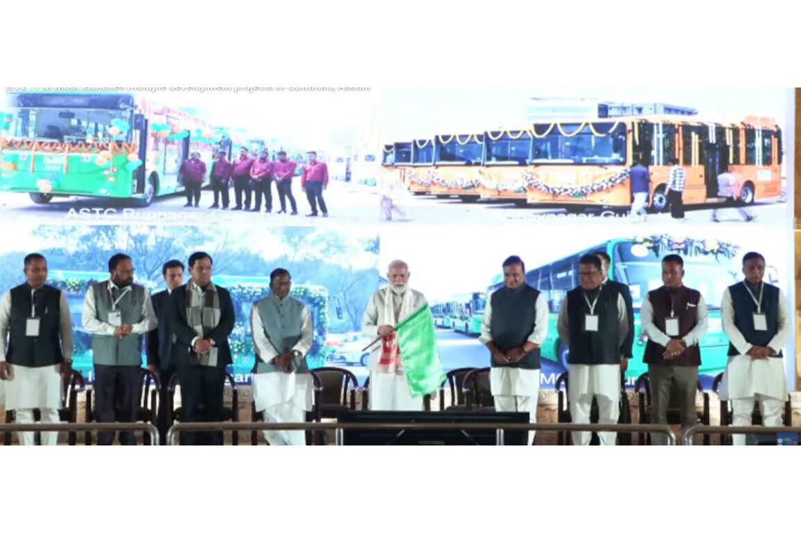 Prime Minister Narendra Modi dedicates 50 state-of-the-art electric buses for Bhavnagar; gives flag off from Assam