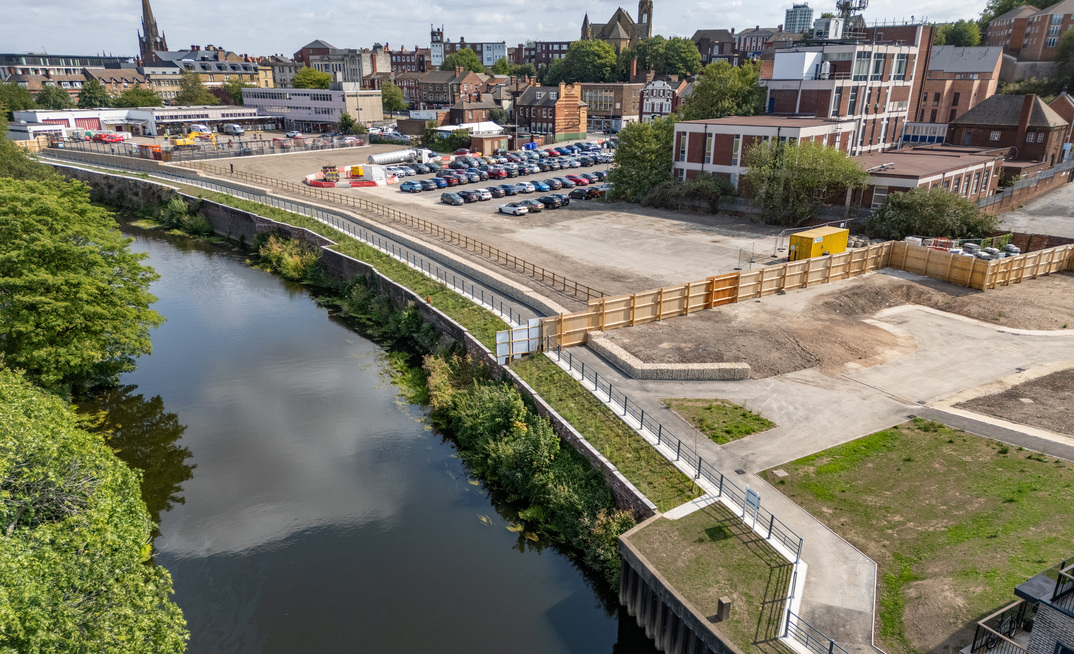 A key component of the Rotherham Riverside improvement scheme saw complex piling works used to futureproof the riverbank and support the Riverside walkway