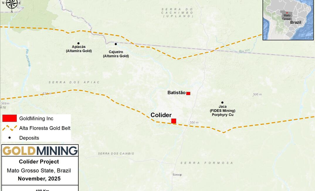 Mapa do  projeto de ouro e cobre Colíder, da GoldMining, no MT