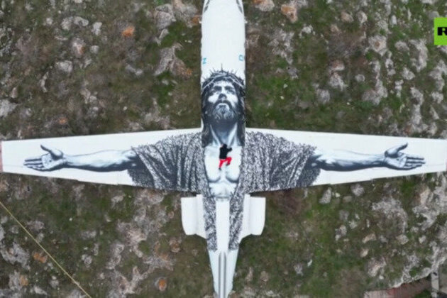 abandoned Soviet jet turned into giant image of Christ 