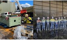  The new filter press head unit (left) and members of the Panoramic team in the concentrate storage shed (right).