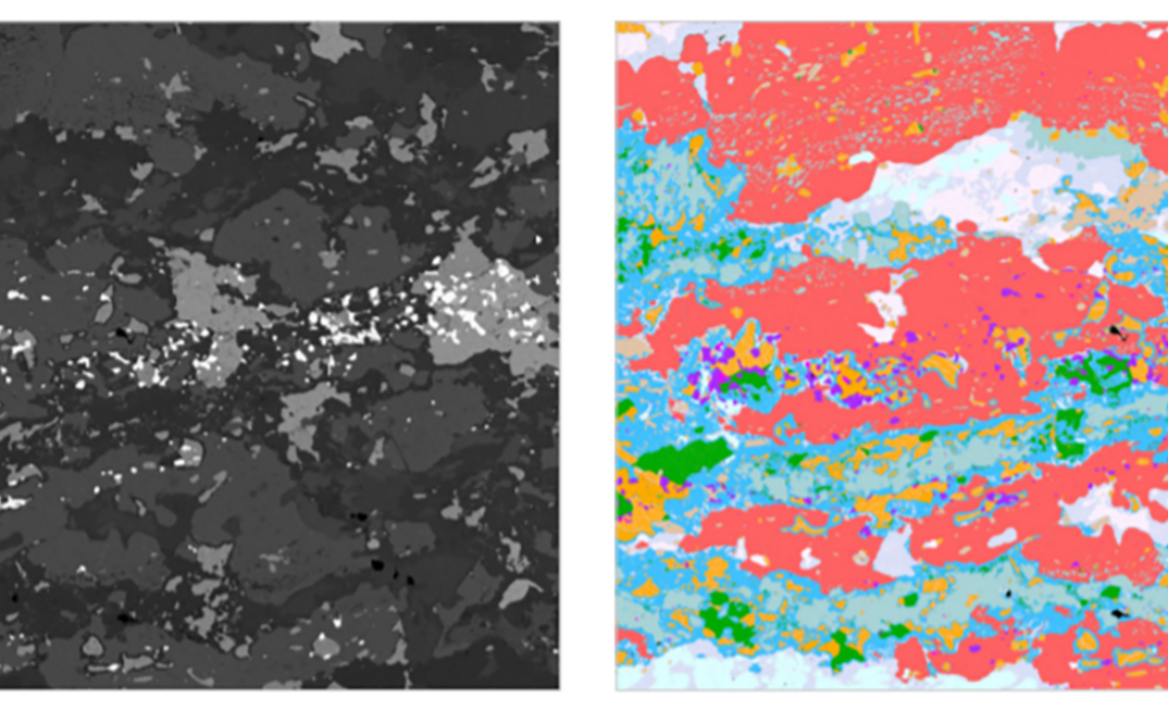 SEM BSD image (grey) and Mineralogic classified mineralogy map of the same section (color). Such analyses provide mineral identification with quantified chemical analysis, helping to overcome issues raised by the presence of solid solutions. Simultaneously, data on the morphology of the phases present, and their quantified association to other phases, is produced, thus providing a numerical description of their textural relationships.