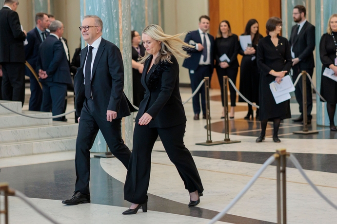 CANBERRA, AUSTRALIA - Sep 22, 2022: The Prime Minister of Australia Anthony Albanese and his partner Jodie Haydon in Parliament House.