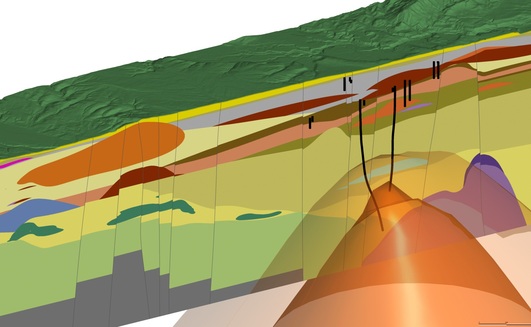 A slice through geological and temperature models built in Leapfrog Energy of the Ngā Tamariki Geothermal Field in New Zealand, operated by Mercury.