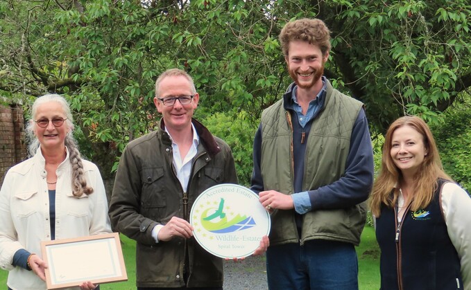 "Wildlife Estates accreditation was something we were passionate about and we are very pleased to have achieved it." From left to right: Carla Bailey, John Lamont MP, Robert Bailey, Caroline Pringle (WES)