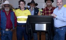  Rio Tinto Iron Ore chief executive Simon Trott, WA mines minister Bill Johnston and Rio Tinto chief technical officer Mark Davies with Banjima Traditional Owners from the Parker family at Gudai-Darri