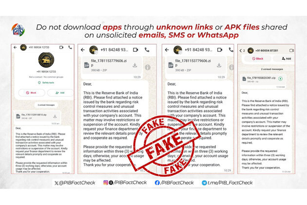 RBI did not send account suspension notices via APK files on WhatsApp, PIB Fact Check warns