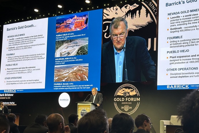 Barrick's Mark Bristow presenting at GFA 2024. Image: Joshua Smith