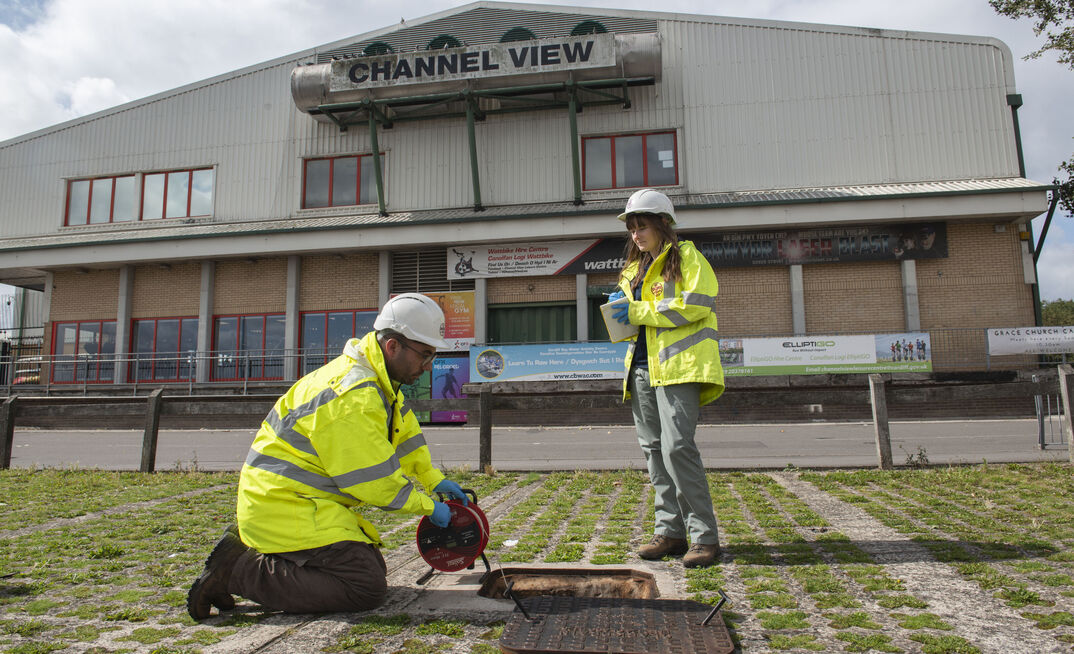 BGS scientists measuring borehole CS317 in Cardiff, Wales