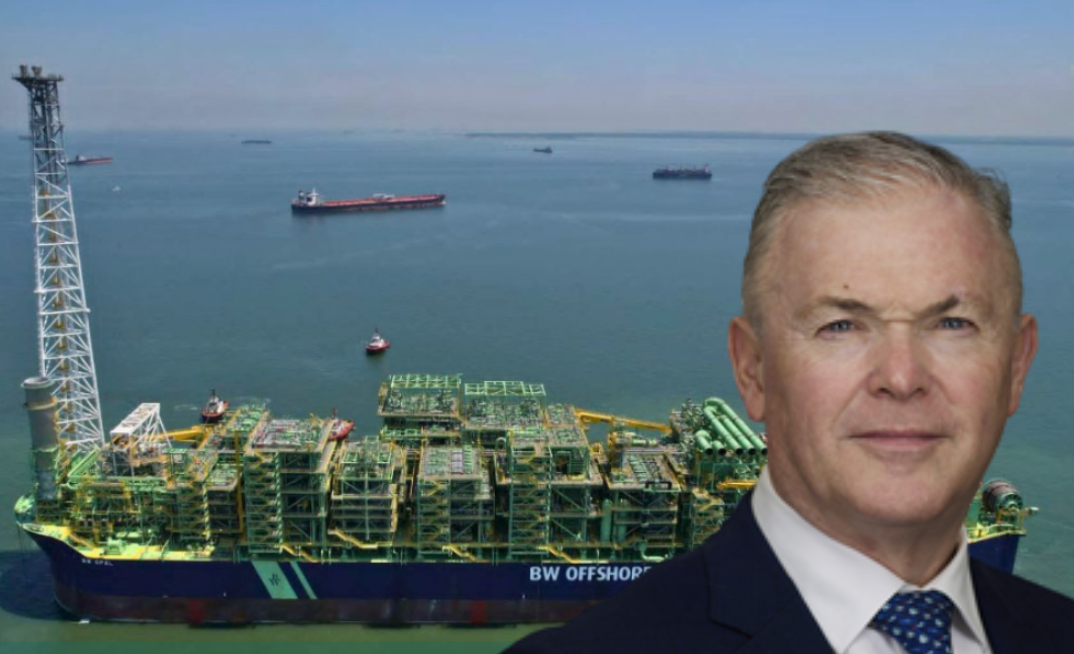 Tech glitch impacts Barossa guidance. Pictured Santos CEO Kevin Gallagher in front of the problematic BW Opal FPSO.