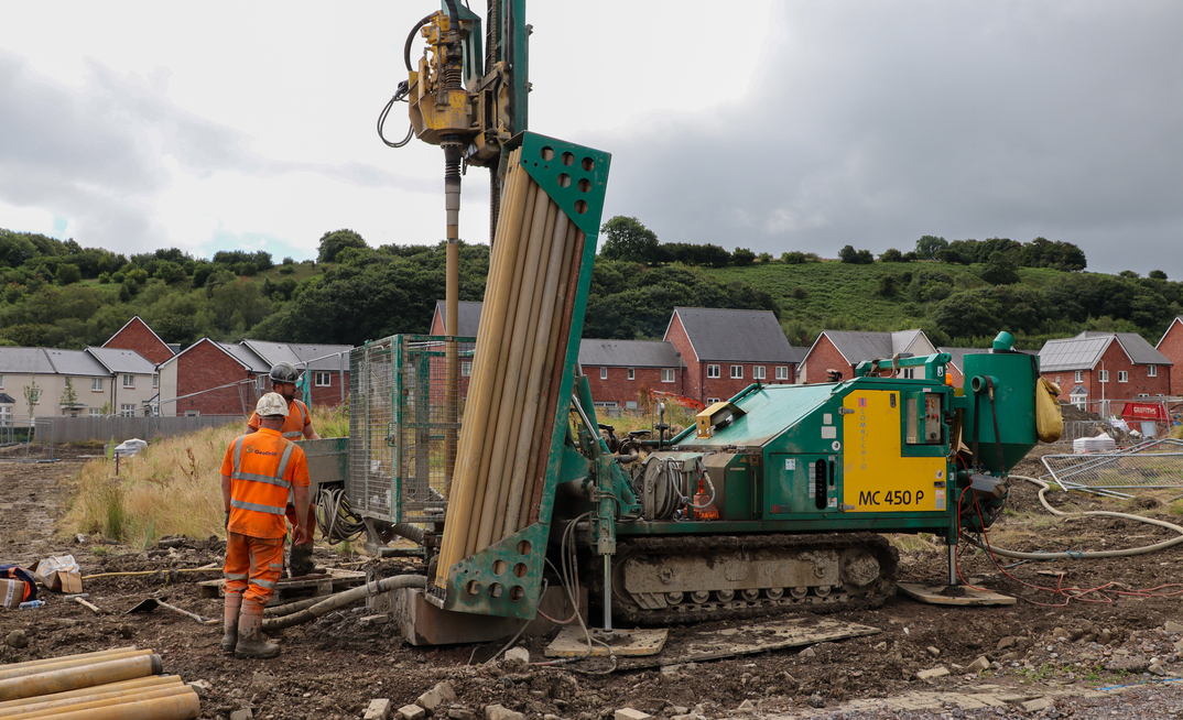 Borehole drilling in preparation for the install, by Kensa, of a ground source heat pump network on a housing estate in South Wales