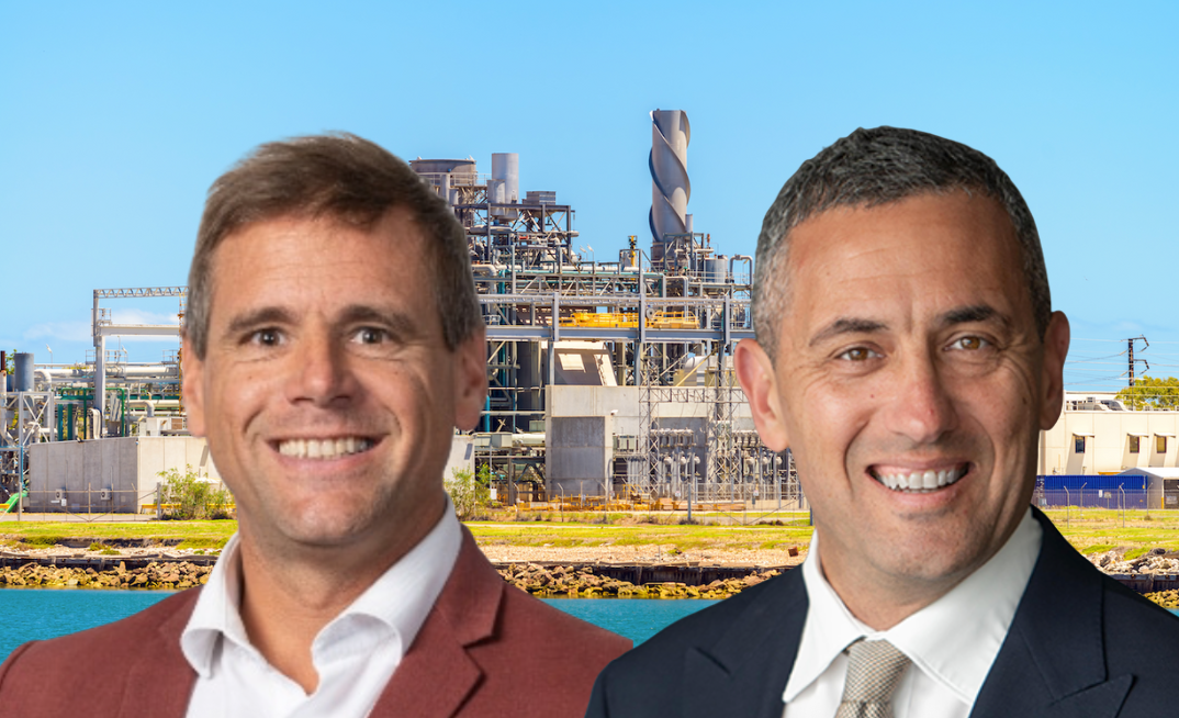 Energy sector backs SA gas funding push: AEP SA director David Slama (left) and SA energy minister Tom Koutsantonis in front of a gas-fired power station in Port Adelaide.