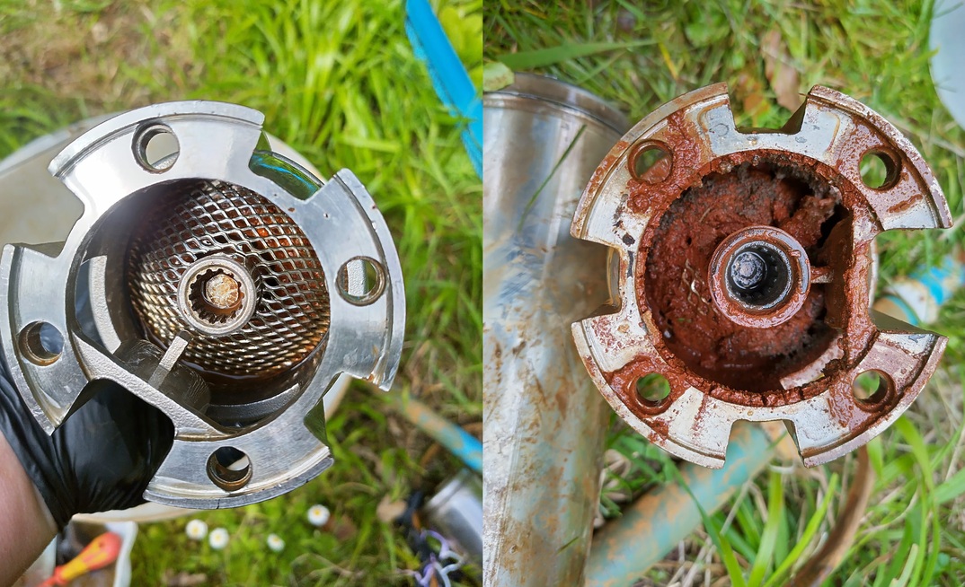  Before and after photos taken at Brian Humphrey’s nursery garden show the water intake at the bottom of the pump was clogged with IRB and, post cleaning, how it looks as good as new