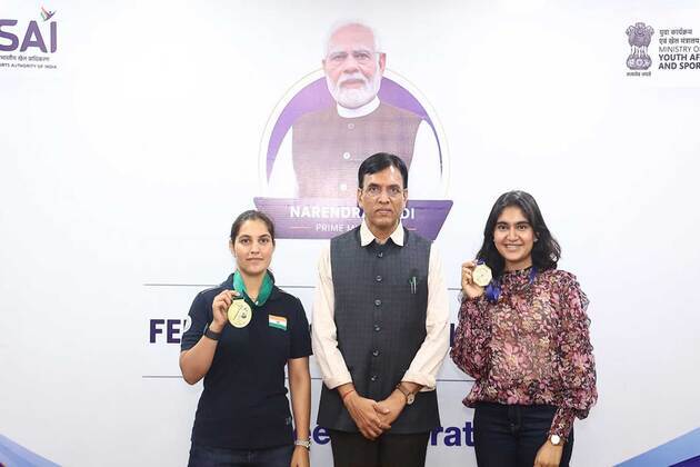 Union Sports Minister Mandaviya felicitates India's ISSF World Cup gold medalists Esha, Neeru