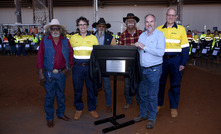  Rio Tinto Iron Ore chief executive Simon Trott, WA mines minister Bill Johnston and Rio Tinto chief technical officer Mark Davies with Banjima Traditional Owners from the Parker family at Gudai-Darri