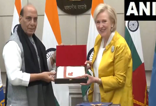 Union Defence Minister Rajnath Singh meets Princess Astrid of Belgium