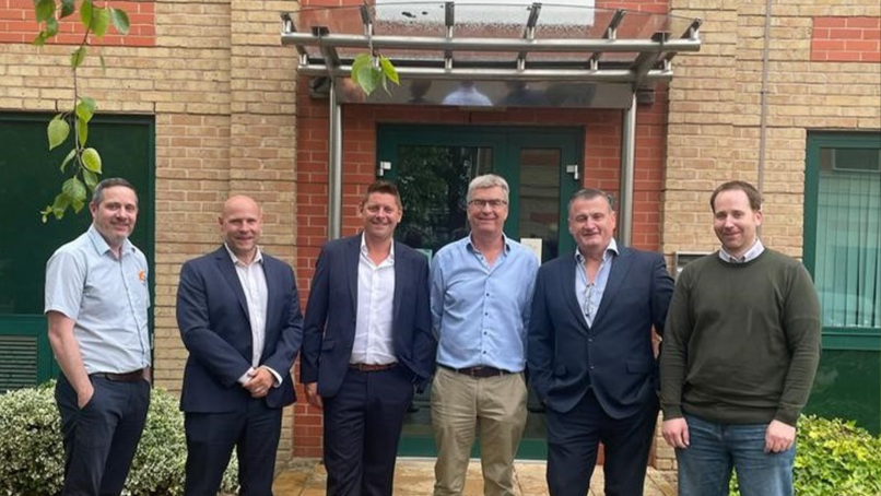 L-R: Lewis Sheldon, IT Manager, Kellaway Building Supplies; Mark Gurney, Simon Barber, (both Intact); Nick Oates; Glen Jewell, Intact; James Bradley, Group IT Director, County Building Supplies.