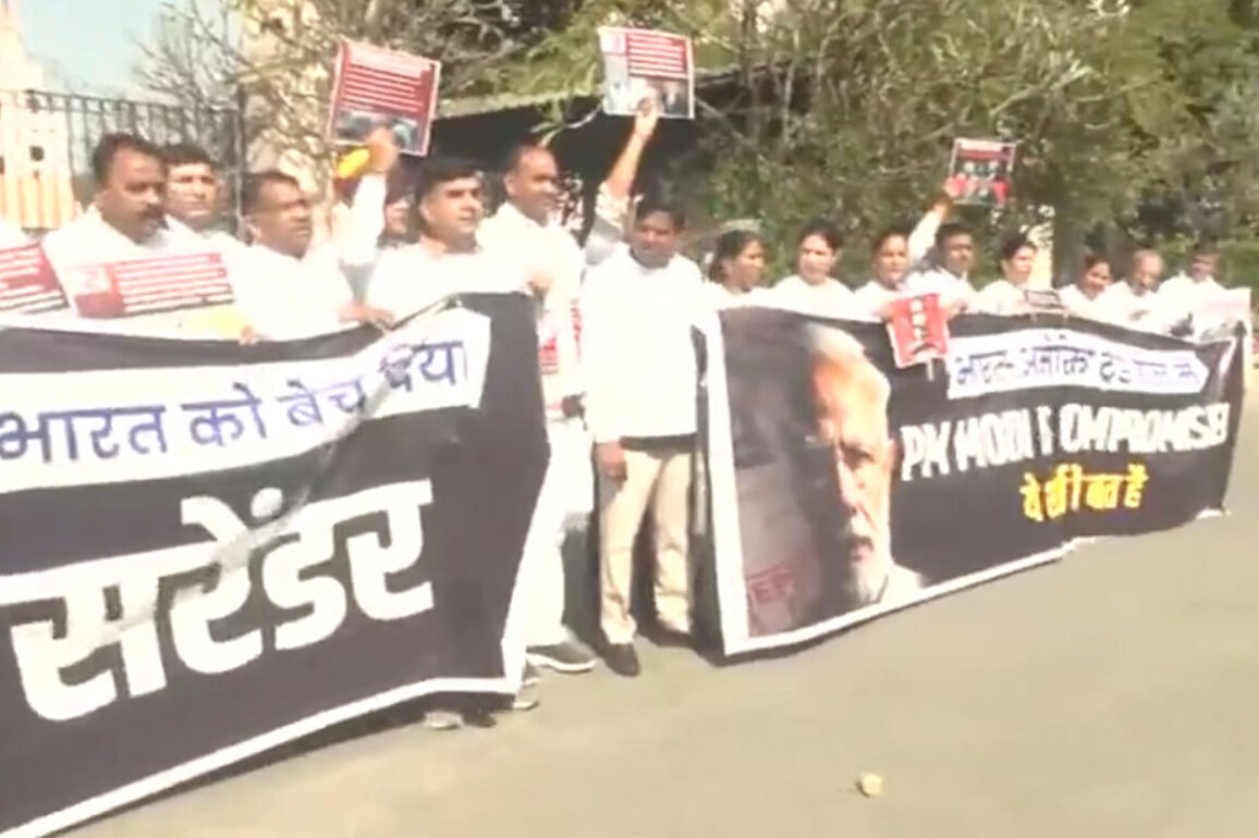 Congress MLAs protest outside Rajasthan assembly against PM Modi over India-US trade deal