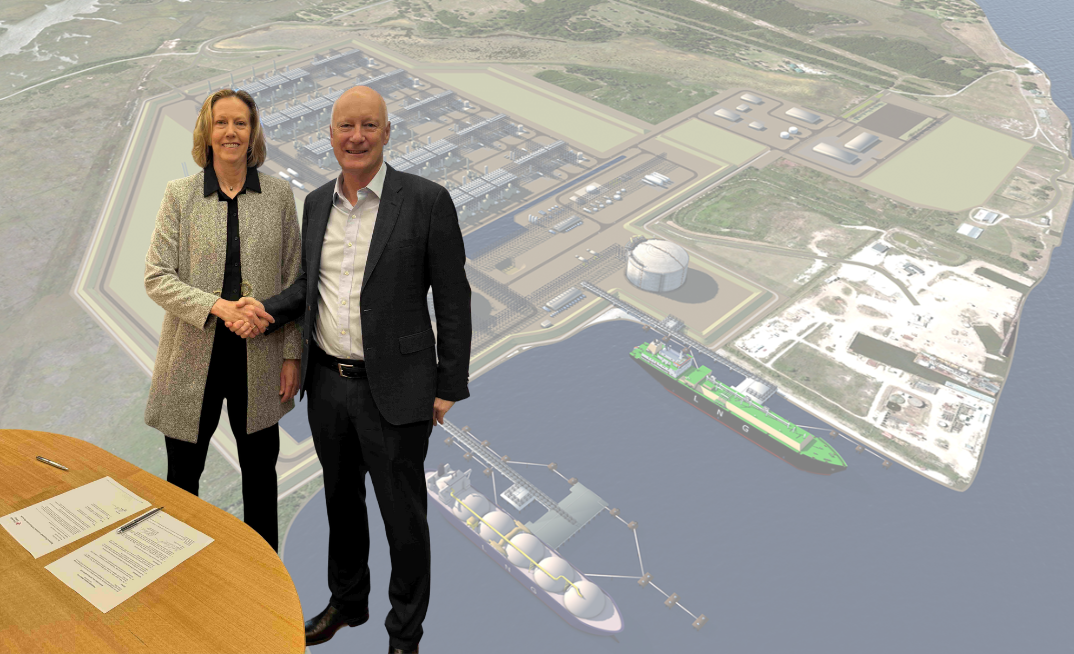 Woodside CEO Meg O'Neill and Chair Richard Goyder celebrate FID for the $27bn Louisiana LNG project in the US.