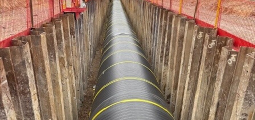 Steel trench sheets are being driven to provide the safe working environment needed to install the Weholite pipes needed for the Stambourne wastewater recycling centre project