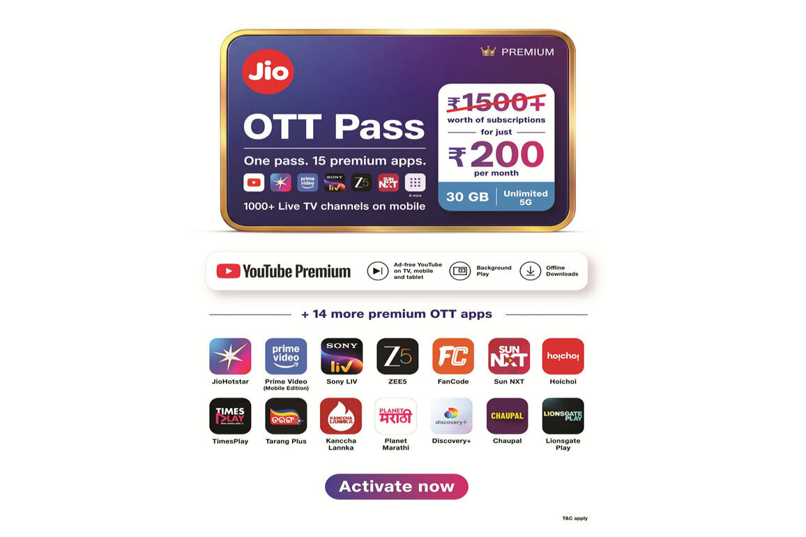 Jio introduces a new Rs 200 OTT Pass --15 premium OTTs, 1,000+ live TV channels, 30 GB data and unlimited 5G in a single 28-day pack