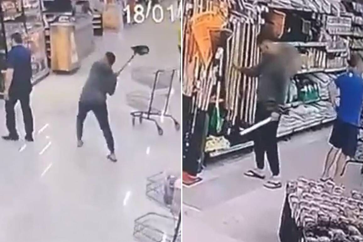 Frightening moment unhinged shopper casually grabs shovel and attacks unsuspecting store manager