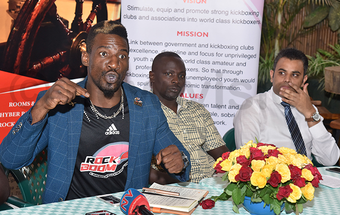  oses olola ganda ickboxing ederation president atrick uyooza and peke otel manager riyanka hargava during the launch of the talent search and exhibition fight hoto by ichard anya