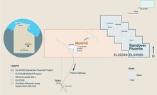 Map showing Molyhil project acquisition tenements and adjacent Sandover fluorite project.