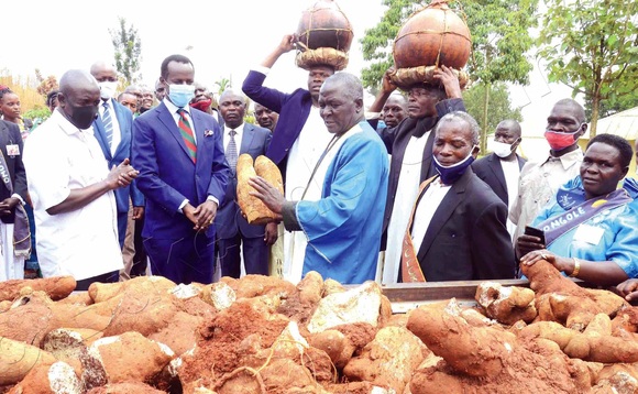 Omwami w’eggombolola y’e Ngogwe, Livingstone Kisekka (ali mu kyambalo okuli engabo) ng’alaga Omulangira Wasajja (mu ssuuti wakati)amakula ge baaleetedde Kabaka. Omwami w’eggombolola y’e Ngogwe, Livingstone Kisekka (ali mu kyambalo okuli engabo) ng’alaga Omulangira Wasajja (mu ssuuti wakati)amakula ge baaleetedde Kabaka.