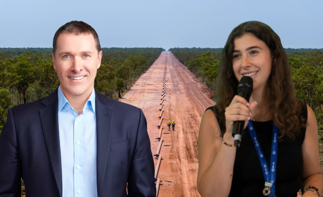 APA begins construction of the $66.5m Sturt Plateau Pipeline as the Beetaloo gas debate intensifies. Pictured: APA Group CEO Adam Watson and Market Forces gas campaign lead Angelica Mantikas