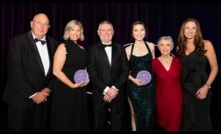 Stephen Hannan, Westpac, Kimberley Furness, National Runner Up, Senator the Hon. Murray Watt, Stephanie Trethewey, National winner, Kay Hull AO, chair, AgriFutures Australia and Tania Motton, Westpac, at the AgriFutures Rural Women’s Award. Image courtesy AgriFutures. 