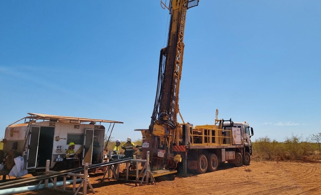  A diamond drill rig set up on the first hole at Coral Bug IOCG target, part of GCX Metals’ Onslow copper-gold project