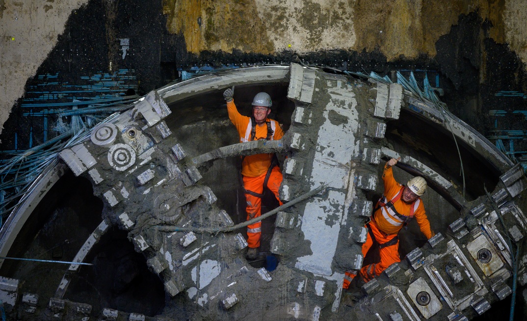 HS2 tunnellers operating Atlas Road logistics tunnel TBM Lydia celebrate breaking through into the Old Oak Common Box