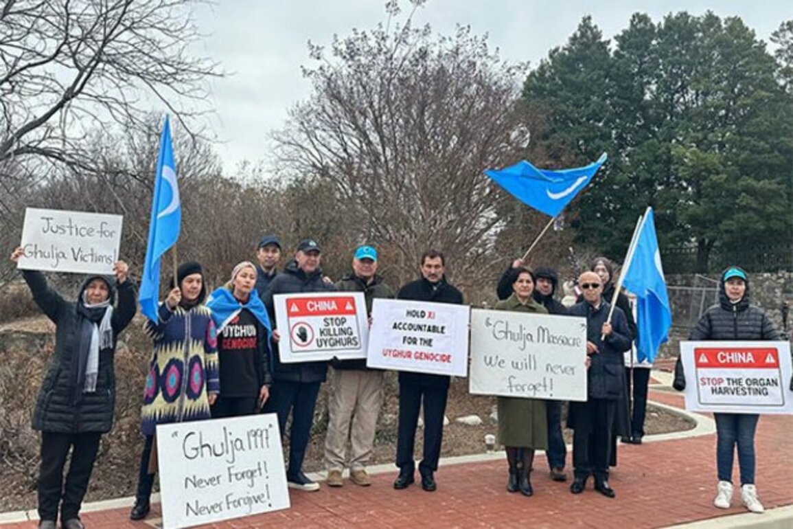 Uyghur activist leads protest at Chinese embassy on 28th Anniversary of Ghulja massacre