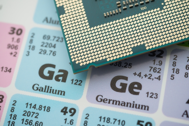 Ge (Germanium) Ga (Gallium) in the periodic table with CPU processor.  Credit Shutterstock